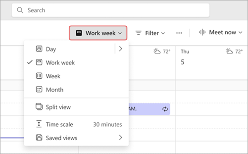 Screenshot highlighting the work week view in the new Teams calendar.
