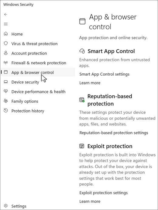 Screenshot of the app and browser control page of the Windows Security app.