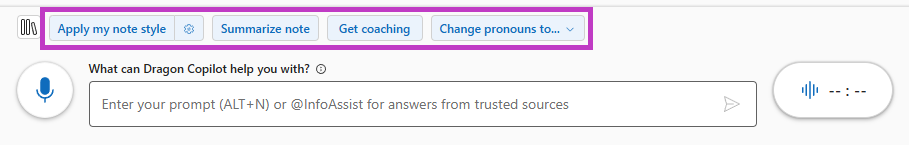 Segment of Dragon Copilot screen showing prompt box and prompt buttons highlighted.