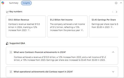 Shows the key numbers and Q and A's that you'll see if you select the "Insight" tab in the Word summary.