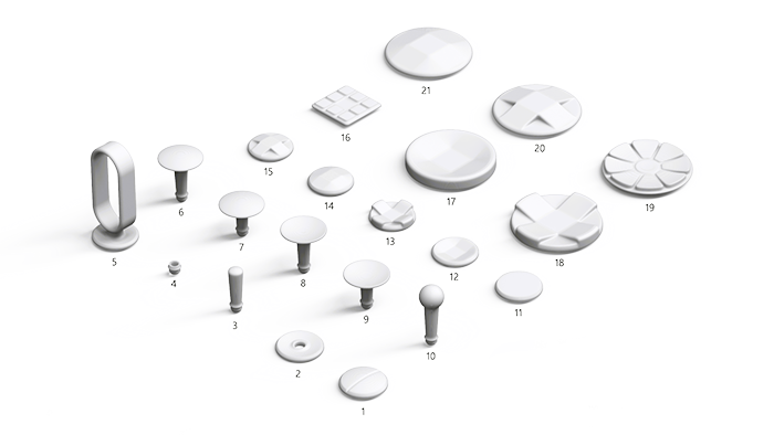 Numbered 3D-printable designs for Microsoft Adaptive Accessory buttons. Corresponding table will have designs labeled and numbered based on this image.