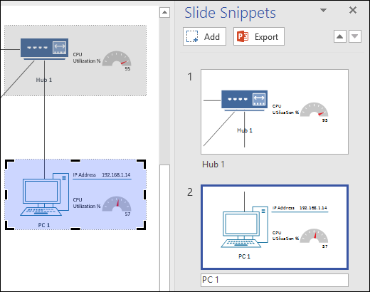 Screenshot of the Slide Snippents pane in Visio with two slide previews shown.