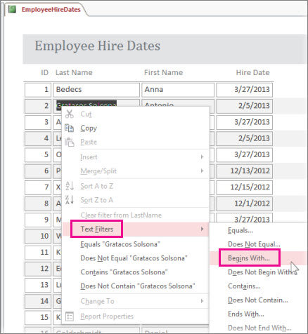 Applying a filter in a report by right-clicking a value in Report view.