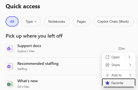 The Quick Access pane showing recent files and a Favorite button
