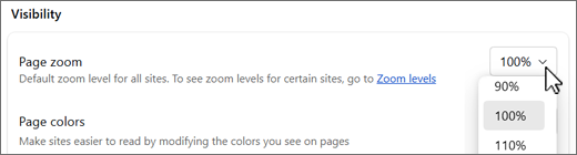 Page zoom levels dropdown screenshot.