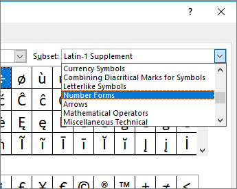 Select Number Forms in the Subset dialog to show fractions and other math symbols