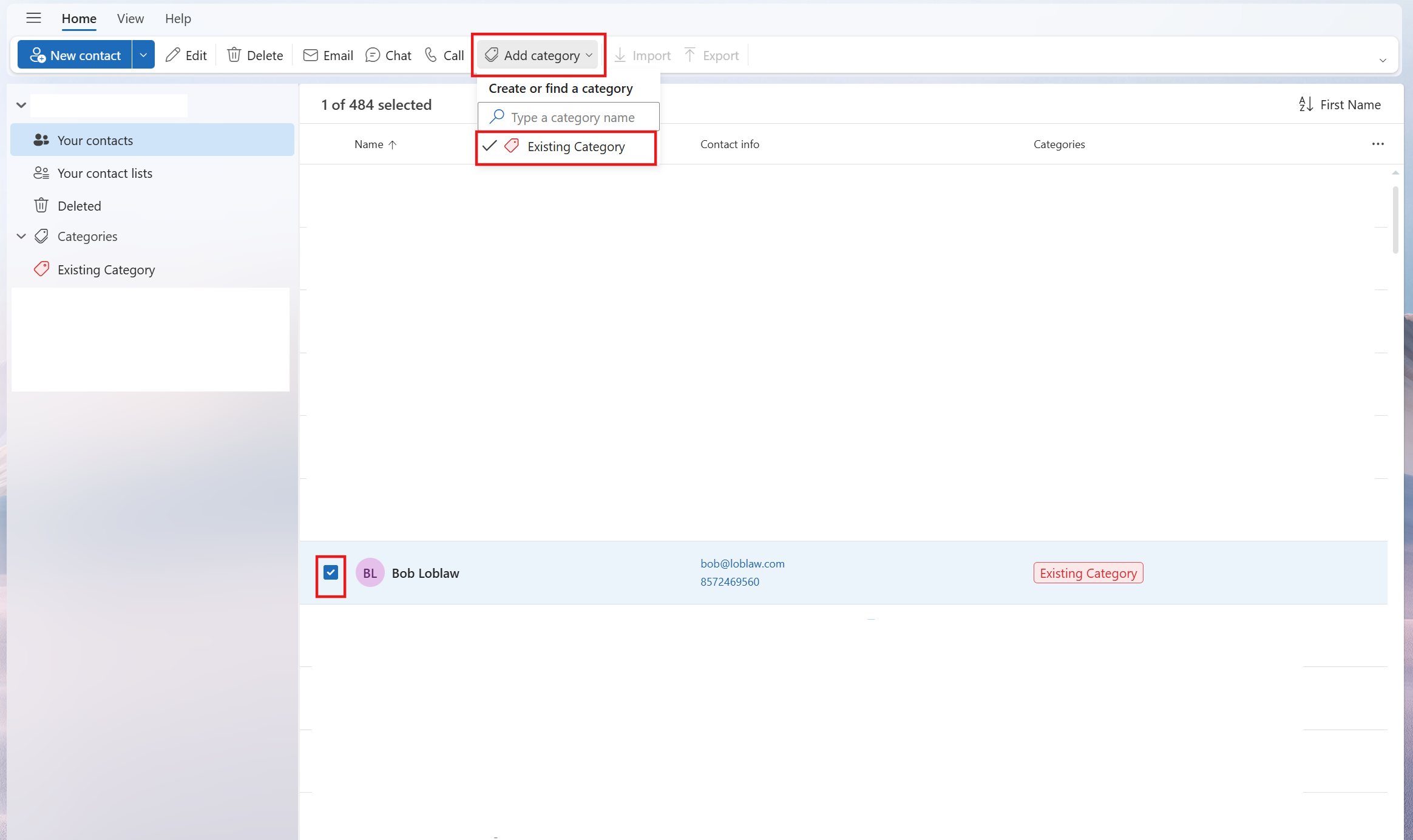 Categorizing a contact to an existing category from the ribbon